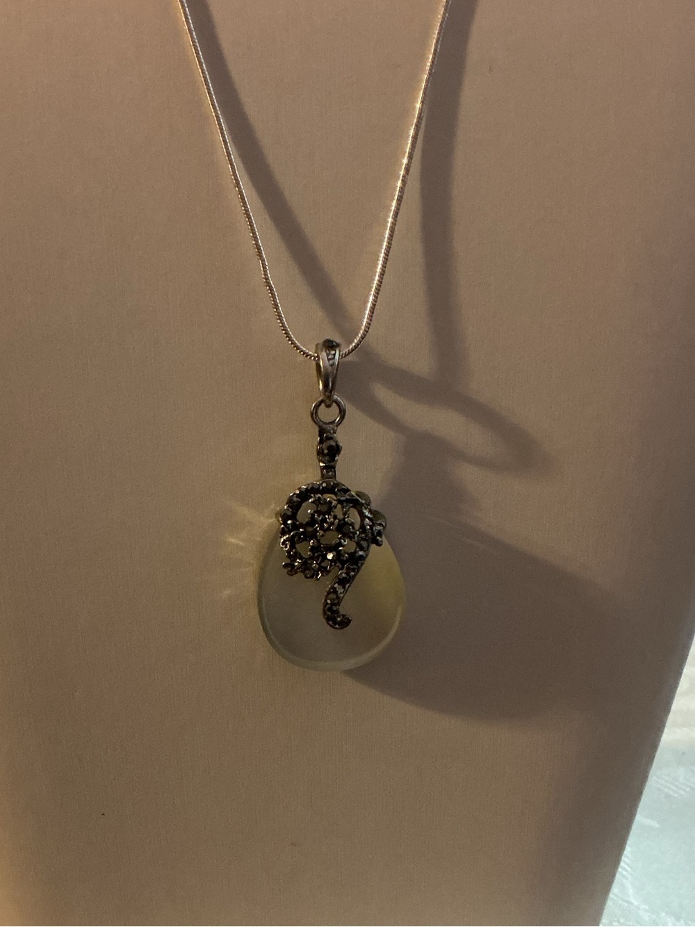 Cat’s Eye Gemstone Pear Shaped & Marcasite Antique Silver Tone Pendant Necklace